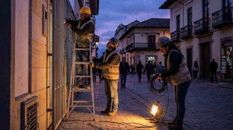 Cuadrilla de tres instaladores terminando un trabajo al anochecer en una calle de Bogotá