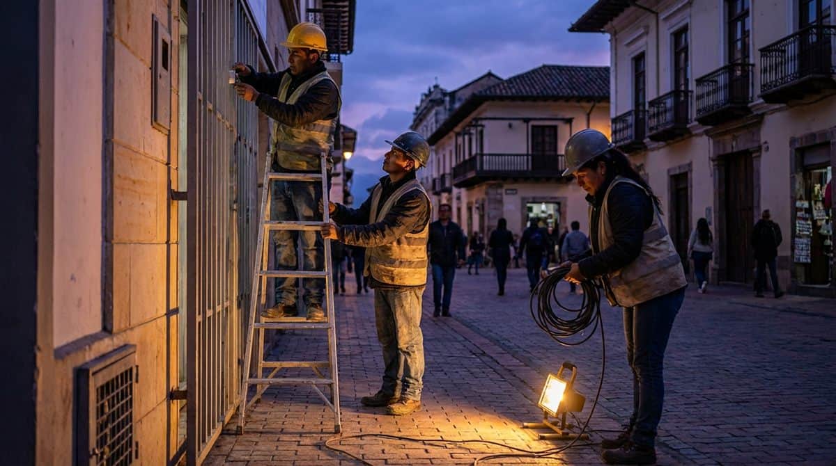 Cuadrilla de tres instaladores terminando un trabajo al anochecer en una calle de Bogotá