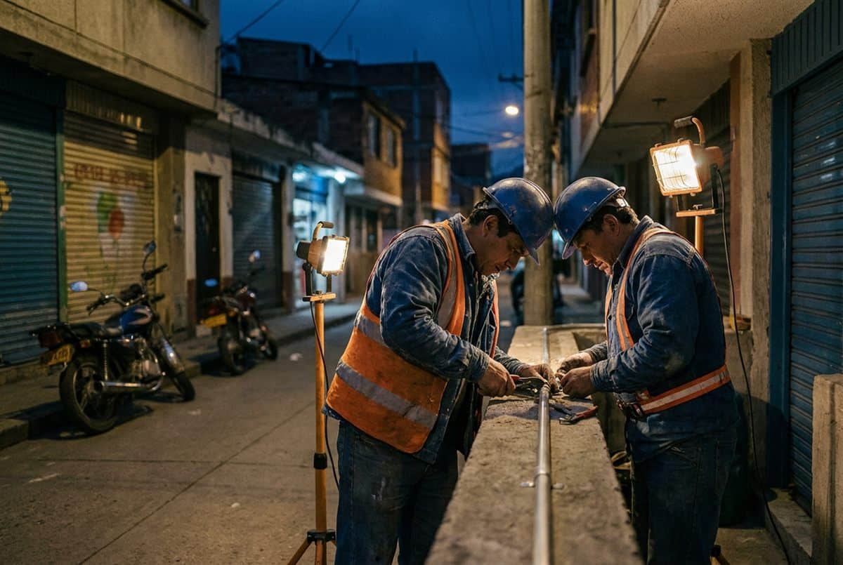 Dos instaladores trabajando de noche con lámparas de obra en una calle de Bogotá