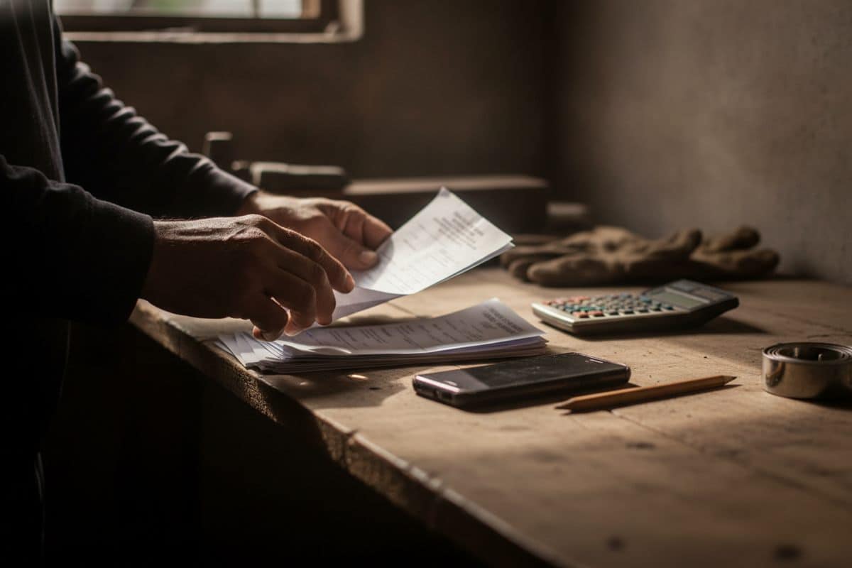 Manos de un contratista ordenando oficios y comprobantes impresos junto a una calculadora y un celular