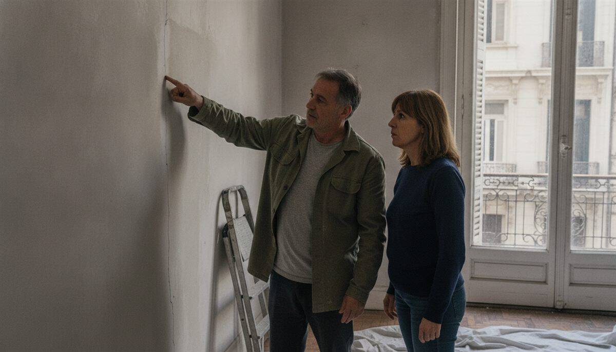 Contratista argentino señala una fisura en la pared de un departamento en refacción mientras la dueña observa