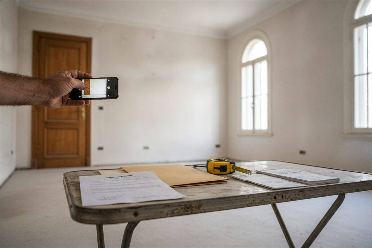 Mano de un contratista fotografiando con el celular una habitación terminada, junto a un acta firmada, una carpeta y remitos sobre la mesa