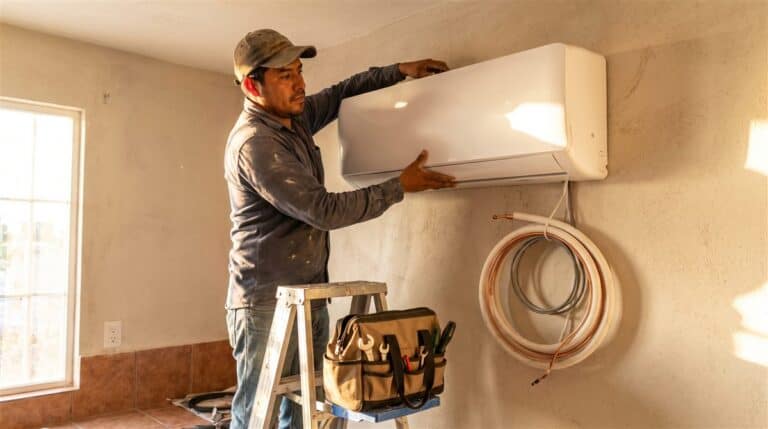 Técnico montando la unidad evaporadora de un minisplit sobre el muro, con la tubería de cobre aún suelta