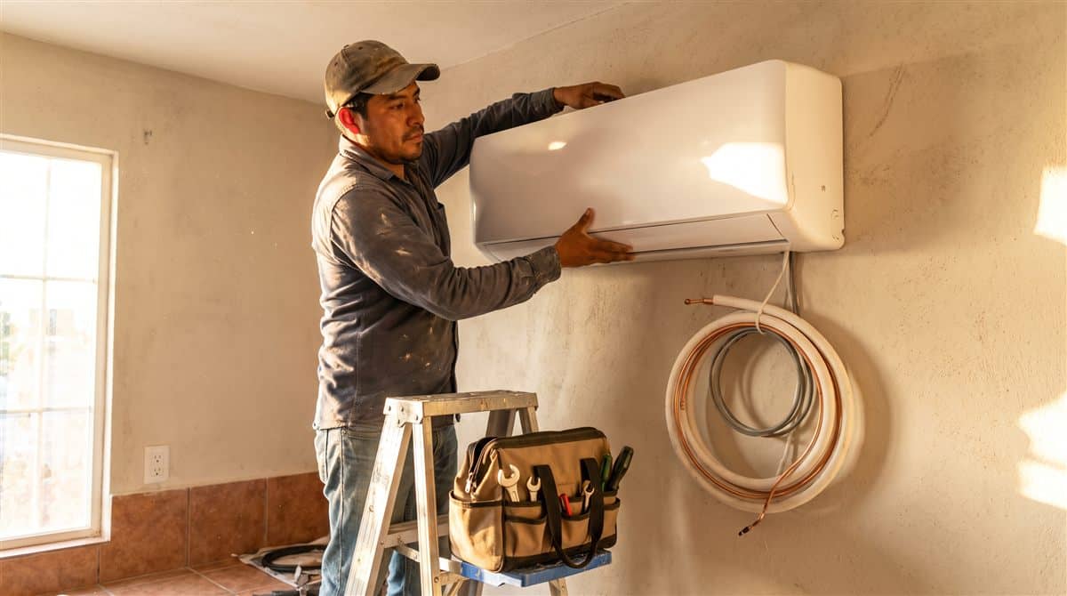Técnico montando la unidad evaporadora de un minisplit sobre el muro, con la tubería de cobre aún suelta
