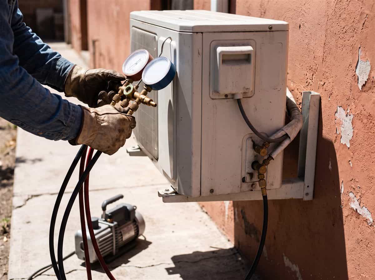 Manos con guantes conectando el manómetro al condensador durante la instalación de un minisplit