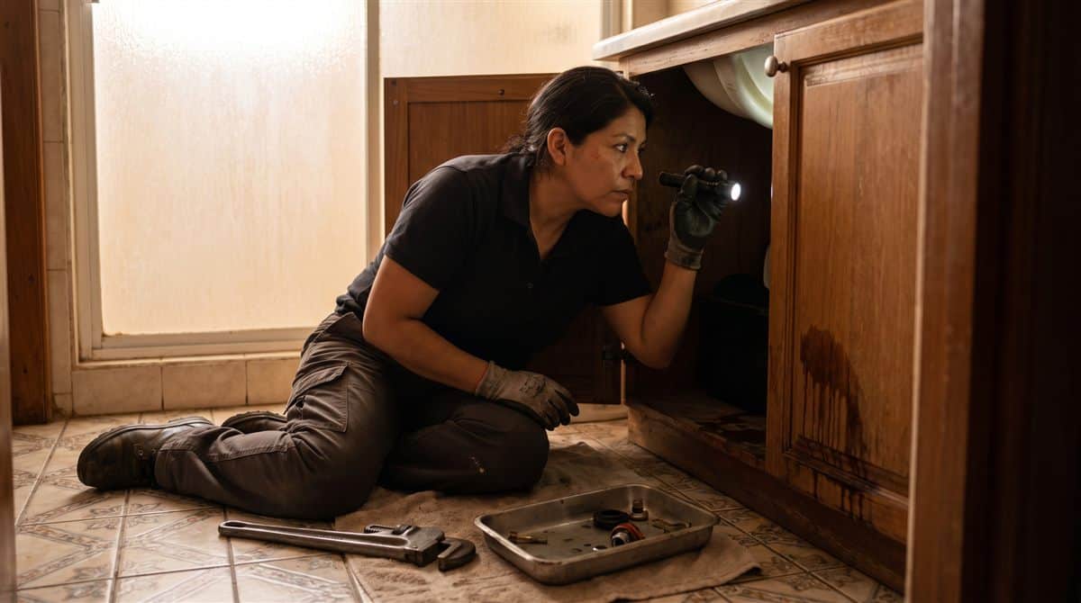 Plomera revisando con lámpara la fuga bajo un lavabo en un baño de una casa mexicana