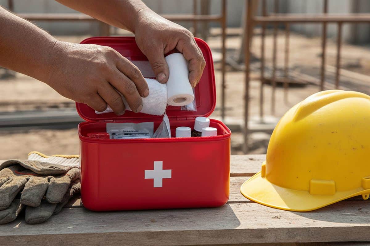 Manos de un contratista sacan una venda de un botiquín rojo junto a guantes y un casco en la obra