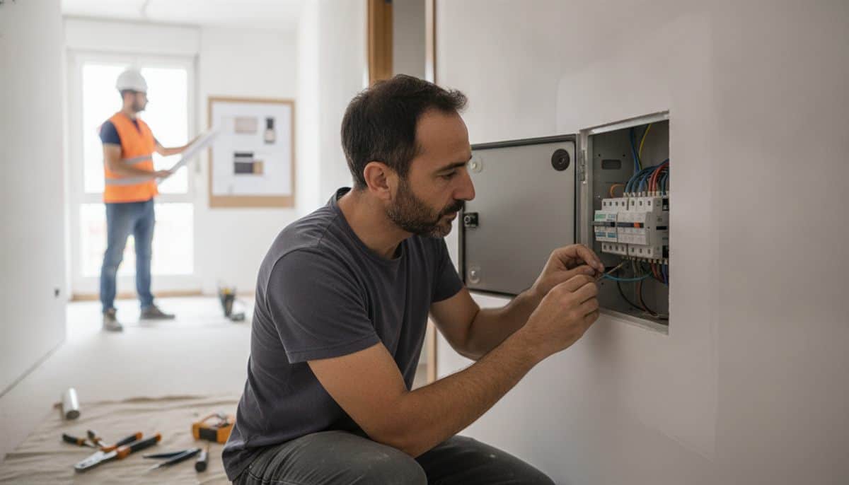 Electricista conecta los interruptores de un cuadro eléctrico nuevo en el pasillo de un piso en reforma mientras otro profesional revisa un plano al fondo