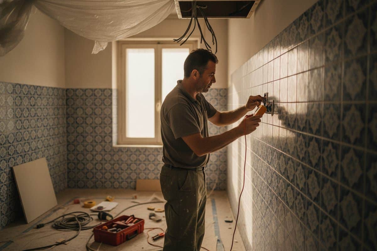 Electricista mide un enchufe con un multímetro en una cocina con azulejos nuevos, cables colgando del techo y una caja de herramientas en el suelo