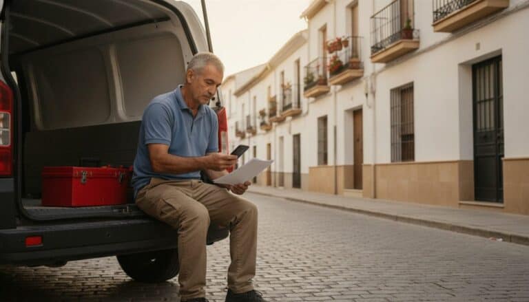 Autónomo de reformas sentado en el maletero de su furgoneta revisa papeles y el móvil en una calle de pueblo