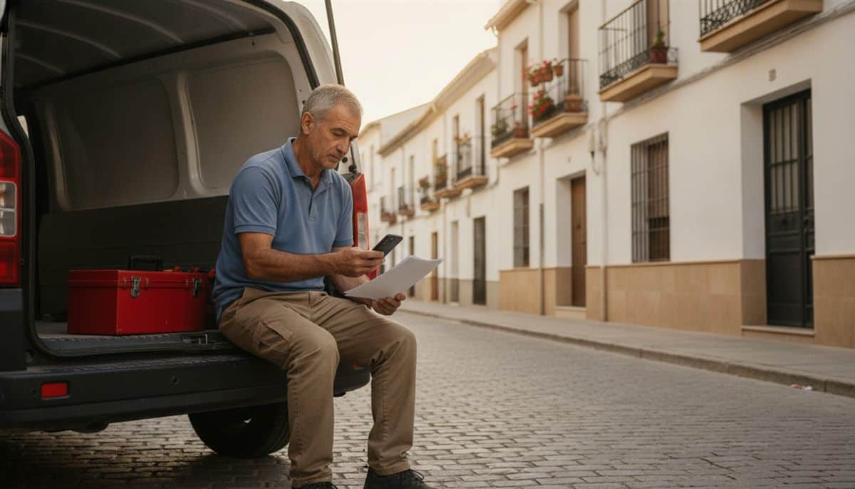 Autónomo de reformas sentado en el maletero de su furgoneta revisa papeles y el móvil en una calle de pueblo