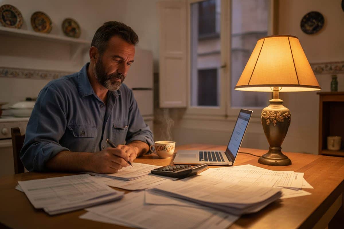 Electricista autónomo revisa declaraciones trimestrales y extractos con una calculadora en la mesa de su cocina