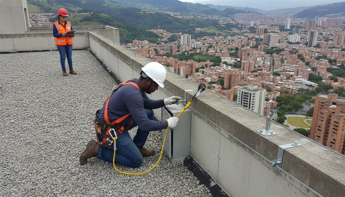 Electricista con arnés y casco trabaja en una caja eléctrica en la terraza de un edificio, con su eslinga conectada a una línea de vida; una supervisora lo observa con una planilla