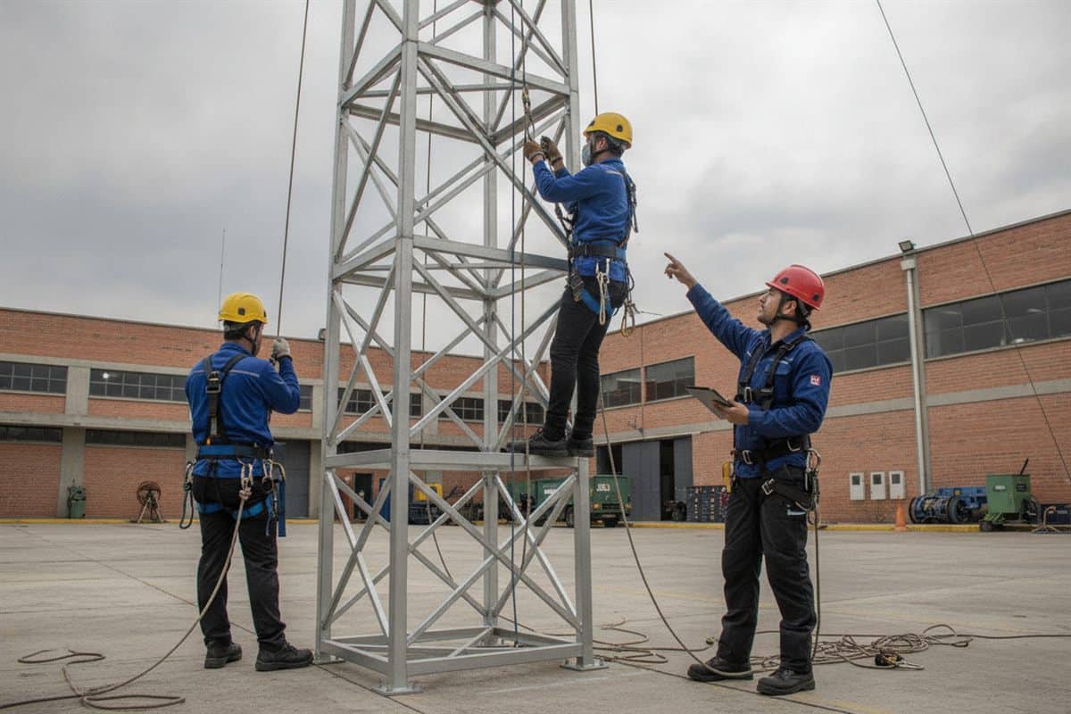 Un instructor con casco rojo guía a dos aprendices con arnés que suben por una torre metálica de entrenamiento con líneas de vida