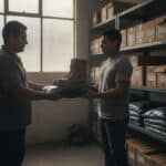Contratista entrega botas de seguridad y un overol doblado a un trabajador en una bodega de Bogotá