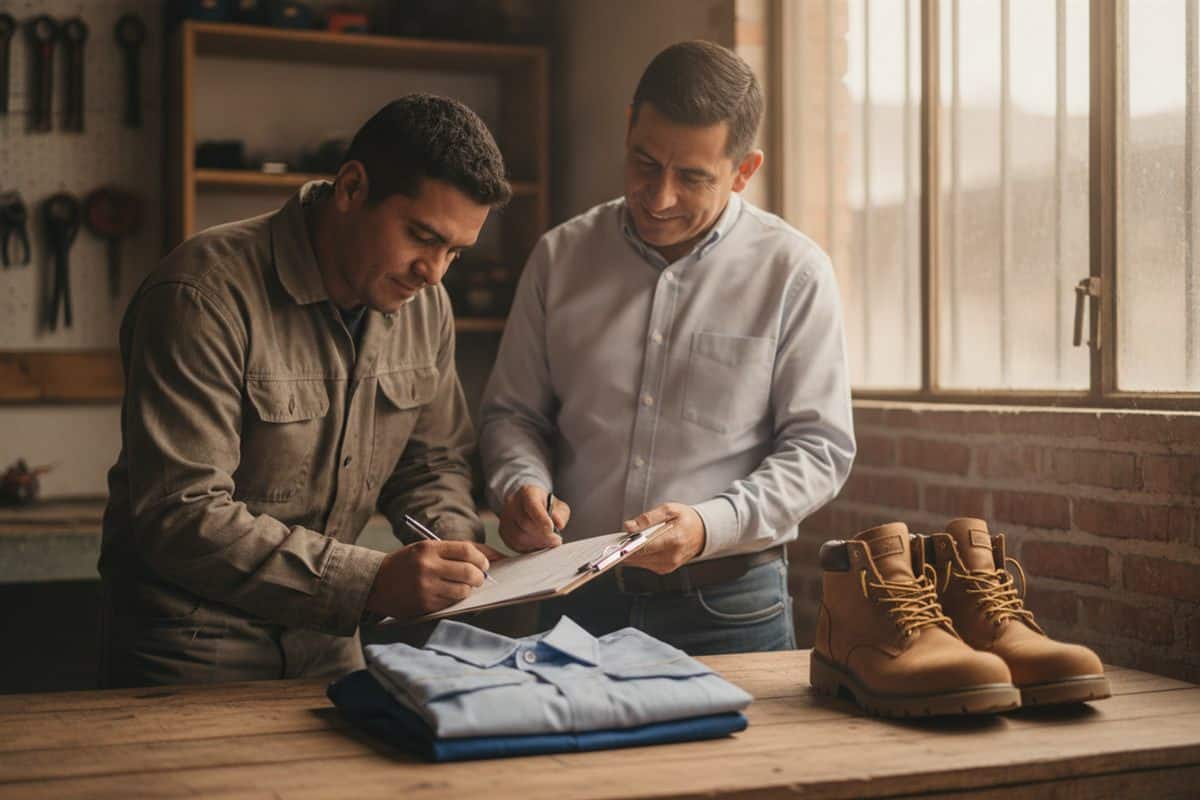 Trabajador firma una planilla de entrega junto a su empleador, con botas y uniforme nuevos sobre la mesa