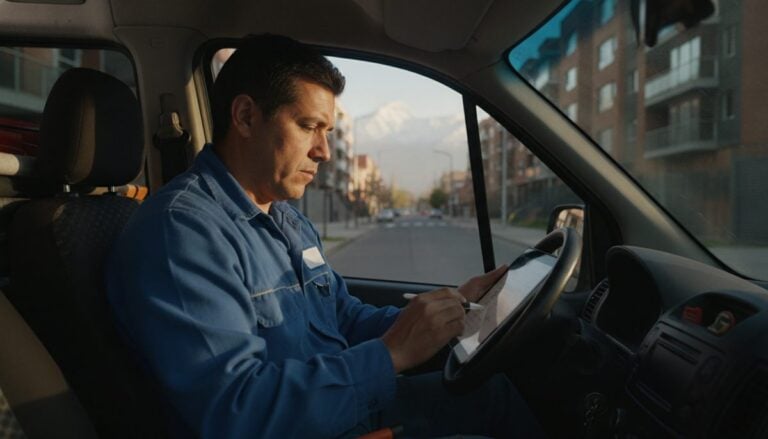 Gasfíter con chaqueta de trabajo revisa un documento en una tablet sentado en su camioneta estacionada en una calle residencial de Santiago