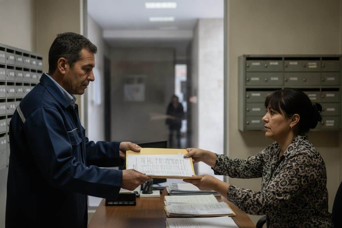 Contratista de mantención entrega una carpeta de documentos a la administradora de un condominio en su oficina, junto a los casilleros
