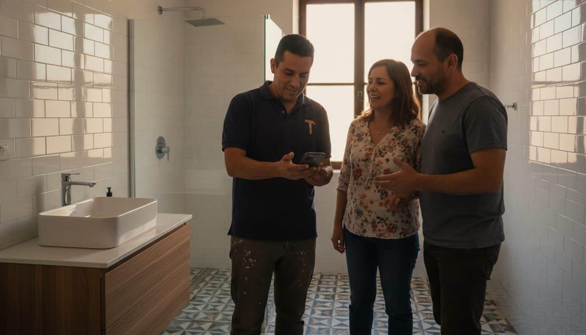 Contratista con playera de trabajo muestra su celular a una pareja en un baño recién remodelado, con regadera de cristal y lavabo nuevo