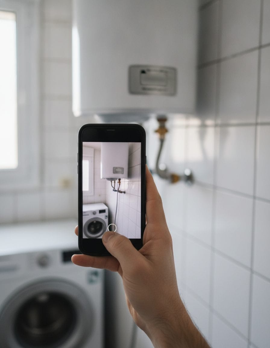 Mano de un instalador fotografiando con el móvil la placa de un termo eléctrico recién instalado