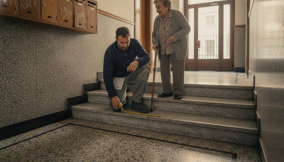 Autónomo de reformas mide los peldaños de mármol de un portal mientras una vecina mayor con bastón le explica