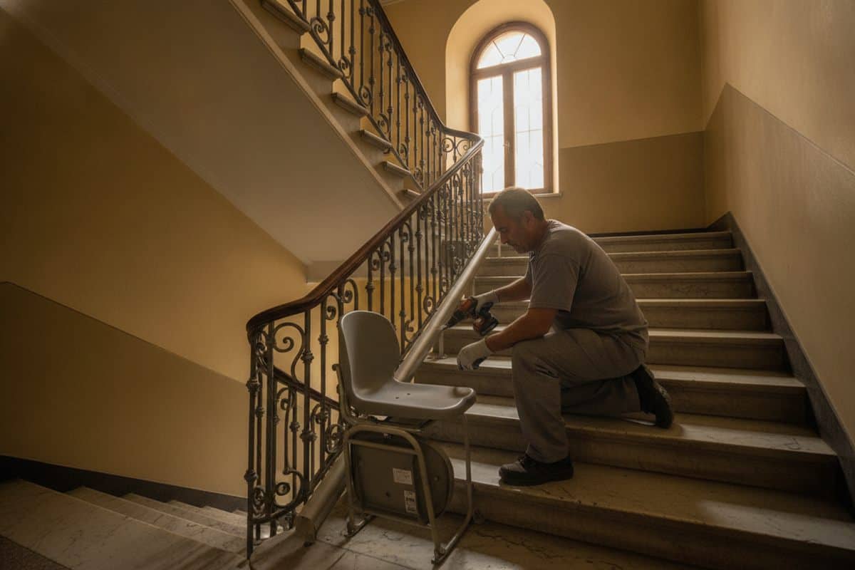 Instalador fija con taladro el raíl de un salvaescaleras en la escalera común de un edificio