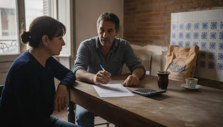 Contratista de refacciones señala un presupuesto impreso junto a una calculadora y un mate, sentado a la mesa con la dueña del departamento