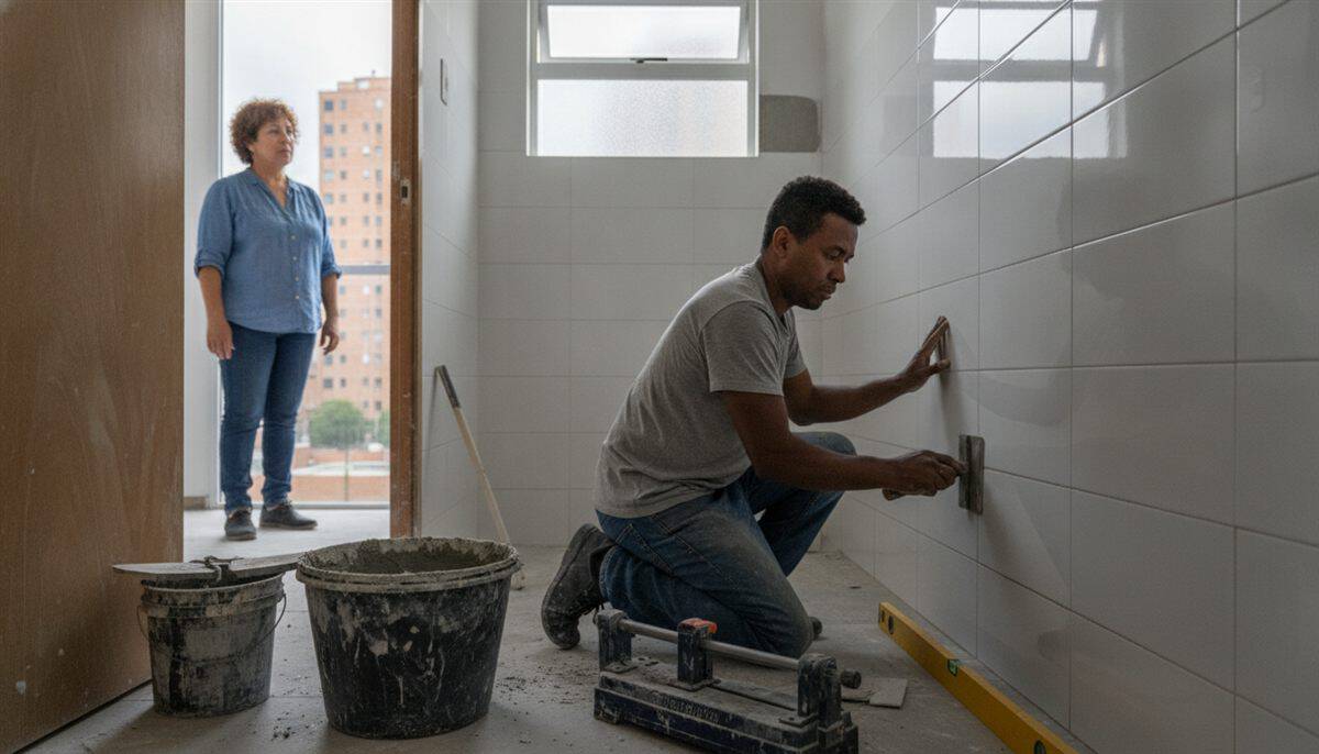 Enchapador arrodillado instala baldosas blancas en la pared de un baño mientras la propietaria mira desde la puerta