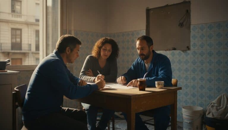 Contratista señala un presupuesto impreso sobre la mesa de la cocina mientras una pareja lo revisa con mate