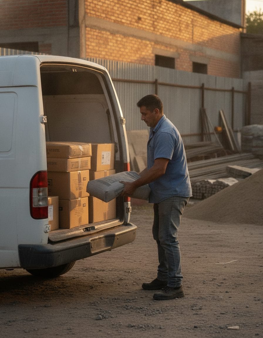 Albañil carga una bolsa de cemento en un utilitario blanco lleno de cajas de cerámicos frente a un corralón