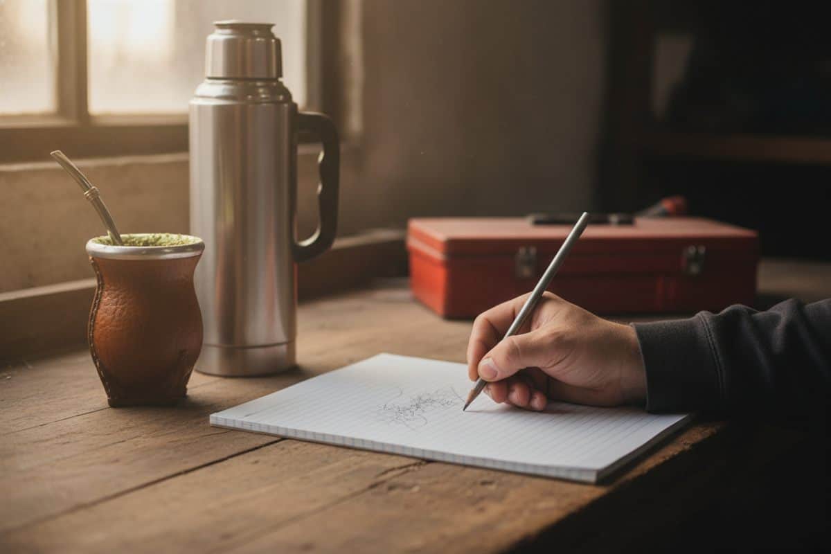 Mano escribe con lápiz en un cuaderno junto a un mate, un termo y una caja de herramientas en un taller